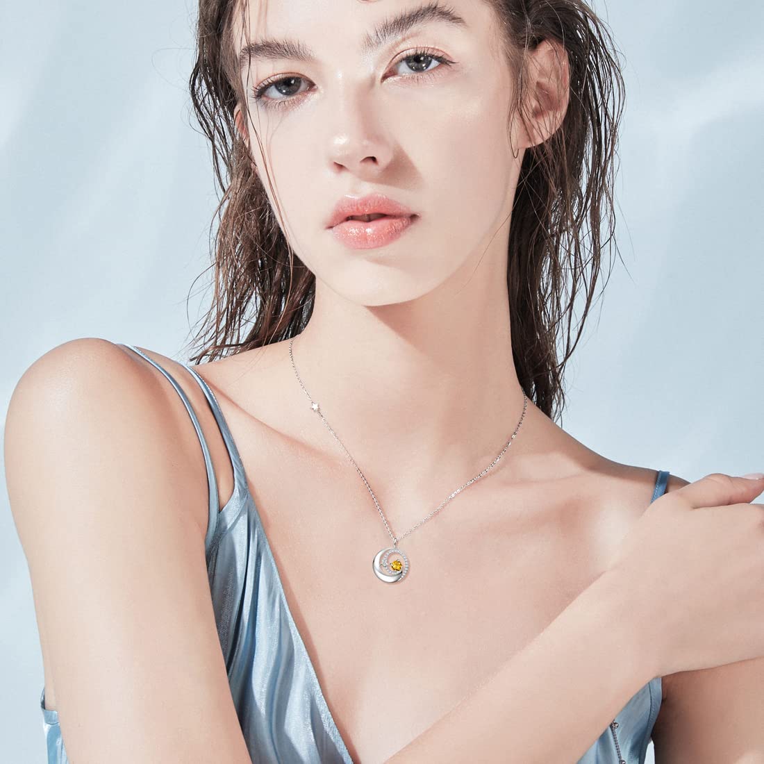 FANCIME Moon and Star Birthstone Necklace for Women – close-up detail in 11-Citrine