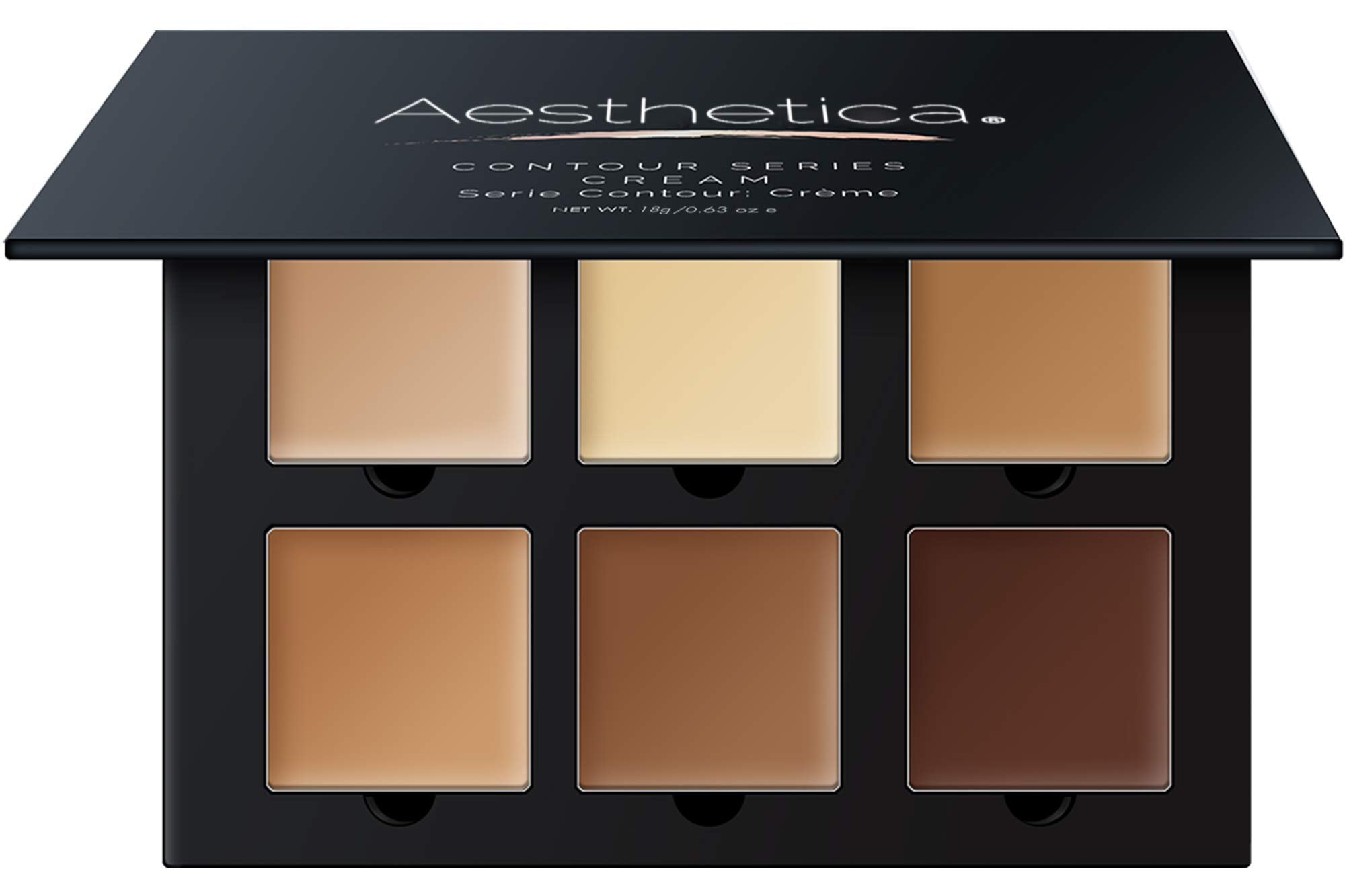 Aesthetica Cosmetics cream contour and highlighting makeup kit with vegan formulas, featuring various shades for face sculpting and glow.