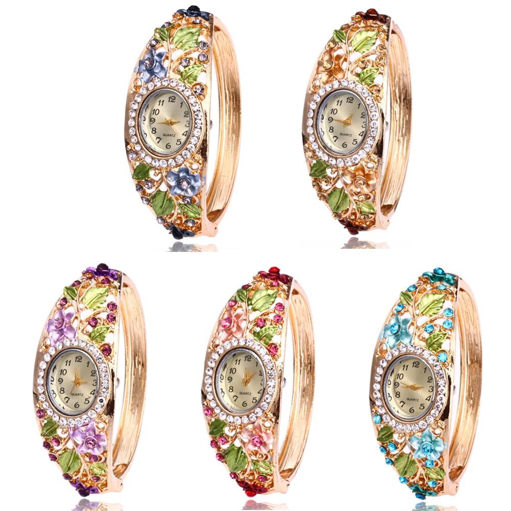 Dacdyi Women Ladies 5 Pcs Wholesale Watch Elegant Bangle Bracelet Crystal Round Dial with Flower Wrist Watch – product p