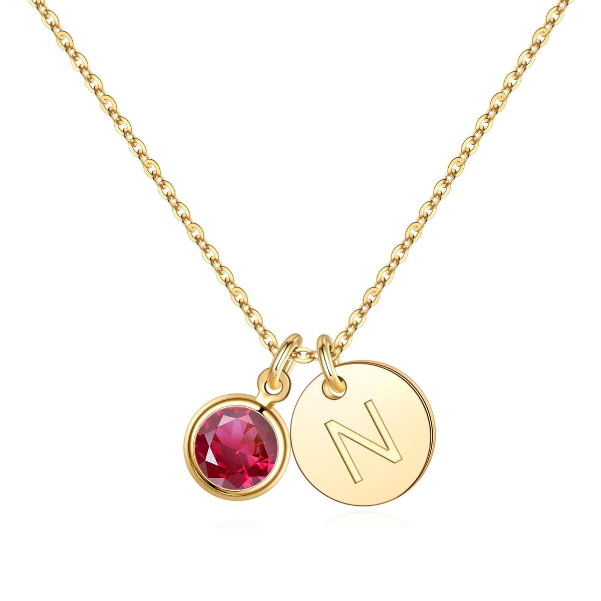 Hidepoo Initial Birthstone Necklace for Girls Women - Personalized Gifts – 07-July -Lab Grown Ruby, 16 inches + 2 inches