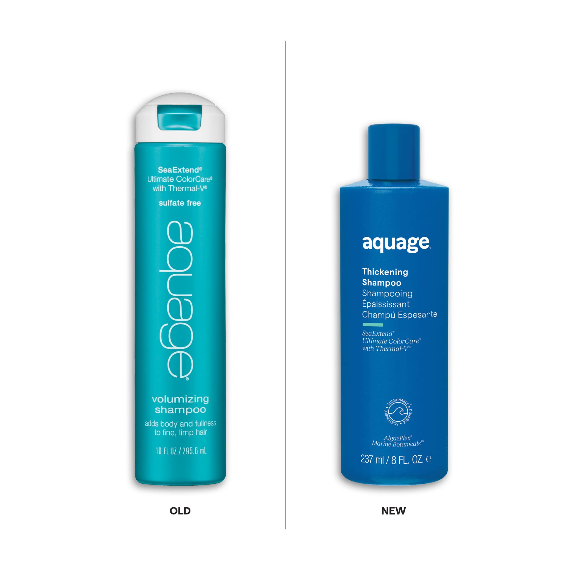 Aquage Thickening Shampoo for fine hair, color-safe formula, 8 oz bottle with pump dispenser, designed to add volume and fullness.