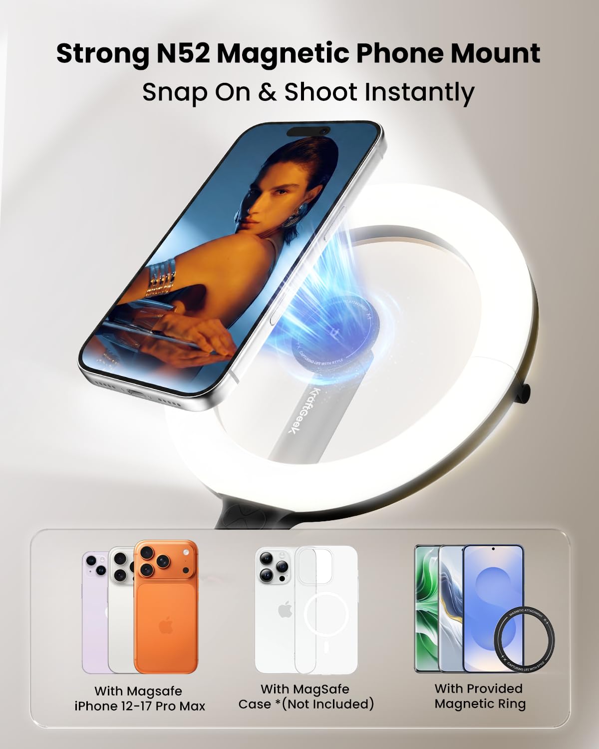KraftGeek Ring Light with Stand, Magnetic Phone Tripod with Light – Aluminum Alloy+Plastic Aluminum Alloy+Plastic Alumin
