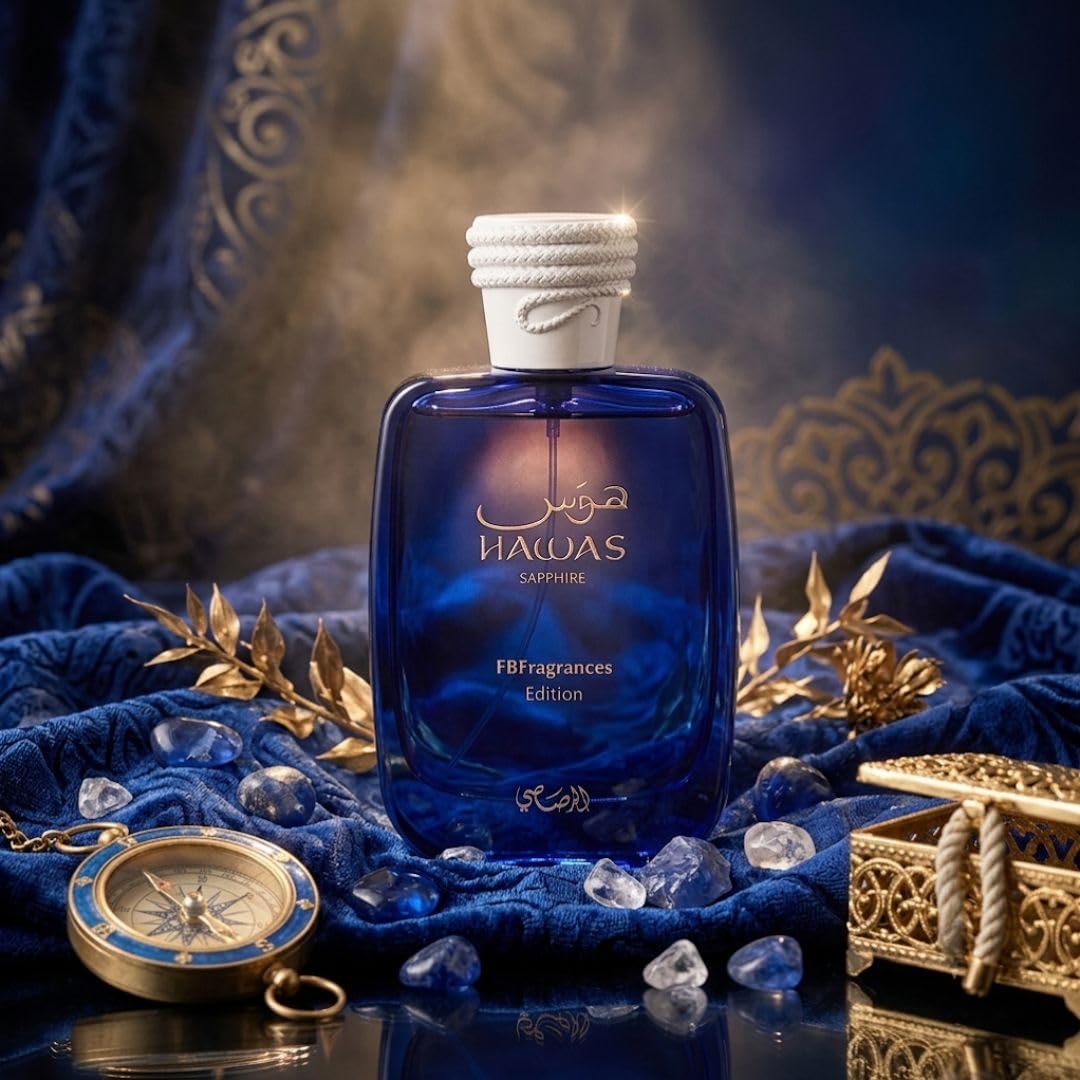 RASASI Hawas Sapphire EDP spray in 100ml bottle, featuring a sleek design and vibrant sapphire color, for personal fragrance use.