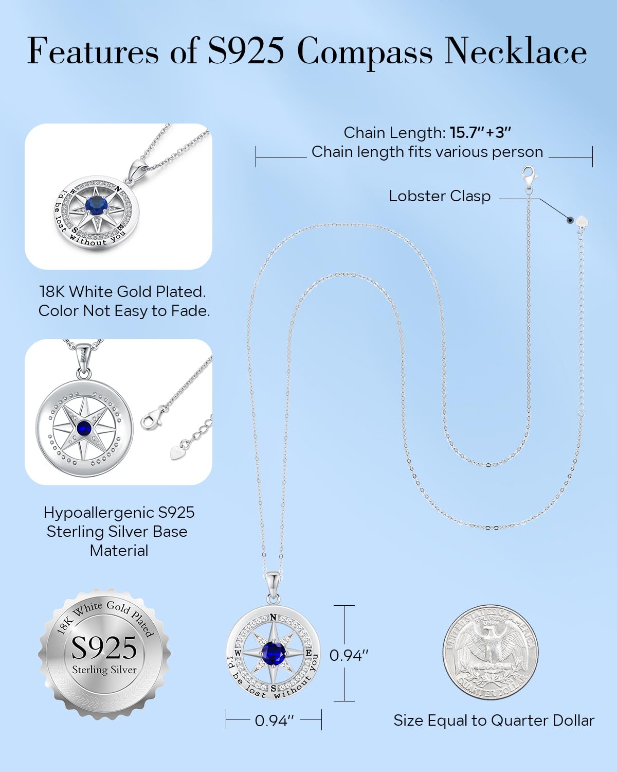 Gifon Compass Necklace Women, Gifts Anniversary Wife, 925 Silver Love Jewelry Her – full view