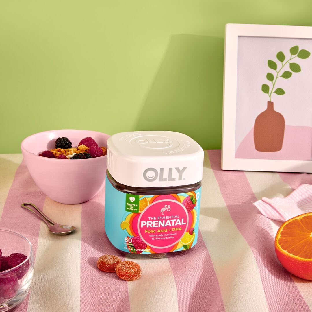 OLLY Prenatal Multivitamin Gummy bottle with 84 daily multivitamin gummies for expecting moms and babies.