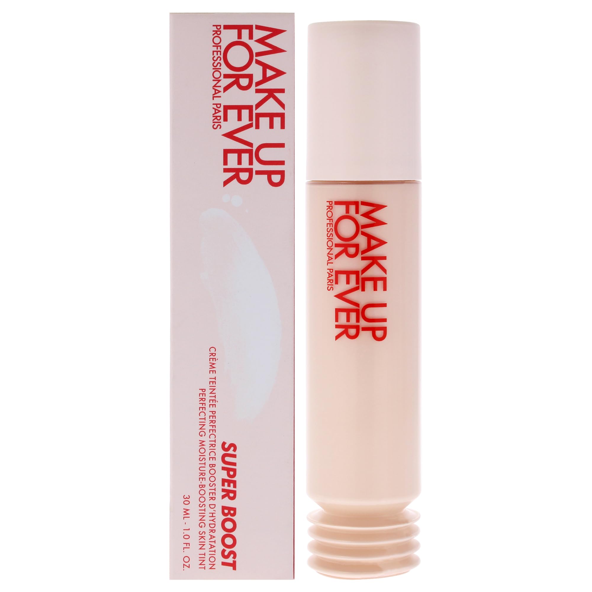 Make Up For Ever Super Boost Skin Tint 01 foundation in 1.01 oz, showcasing the product bottle with a sleek design.