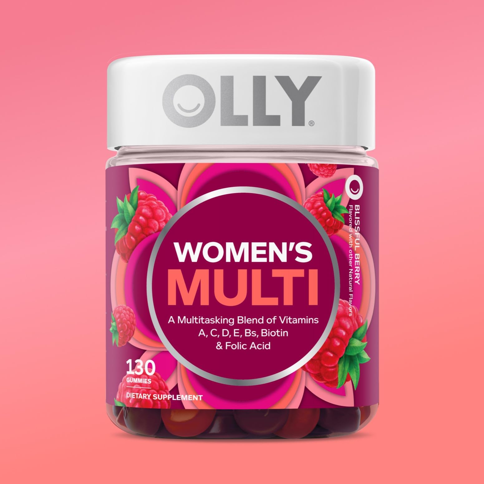 OLLY Women's Multivitamin bottle with 130 tablets, supporting overall wellness and biotin for healthy hair, skin, and nails.