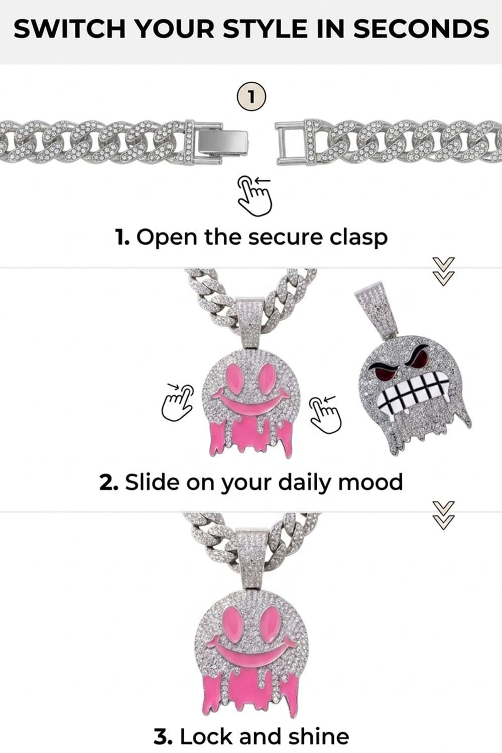 RFCAW 5-in-1 Interchangeable Mood Pendant Necklace Set, Iced Out Dripping Face Enamel Charms with Cuban Link Chain, Hip 