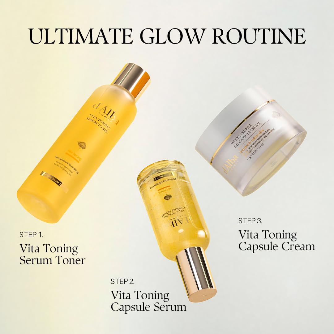 d'alba Piedmont Vita Toning Capsule Cream face moisturizer in a 1.94 oz jar, showcasing the skincare product's packaging and texture.