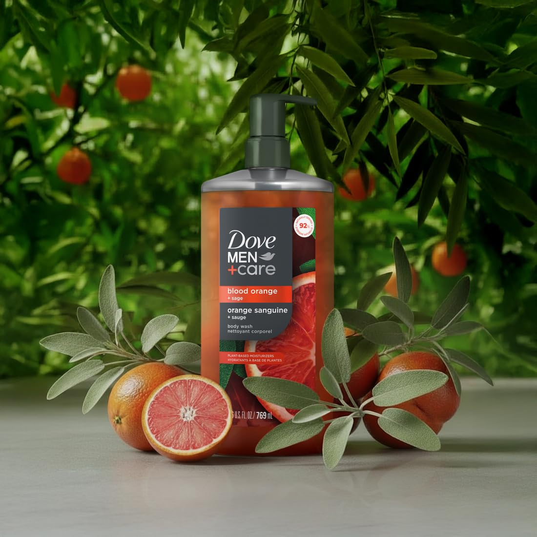 Dove Men + Care Blood Orange + Sage moisturizing body wash in a 26 oz bottle, with orange and sage scent visible on the label.