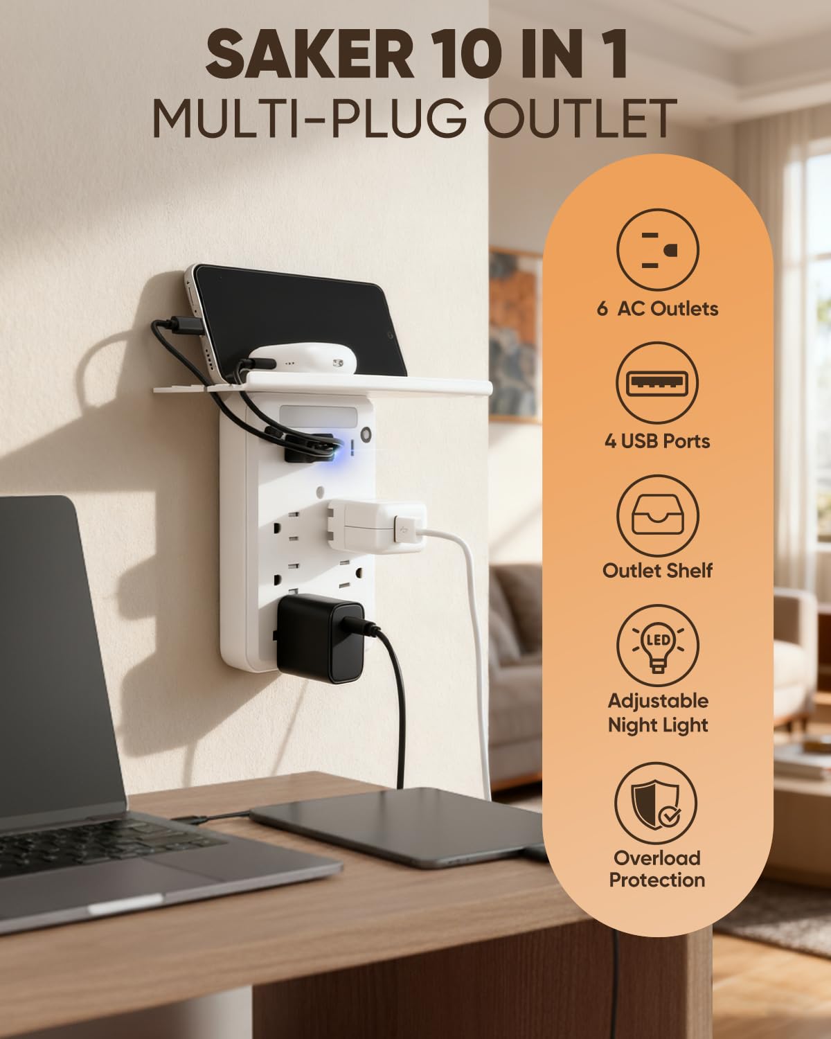 Saker Outlet Extender with Night Light, 6 AC, 4 USB, Surge Protector – close-up detail