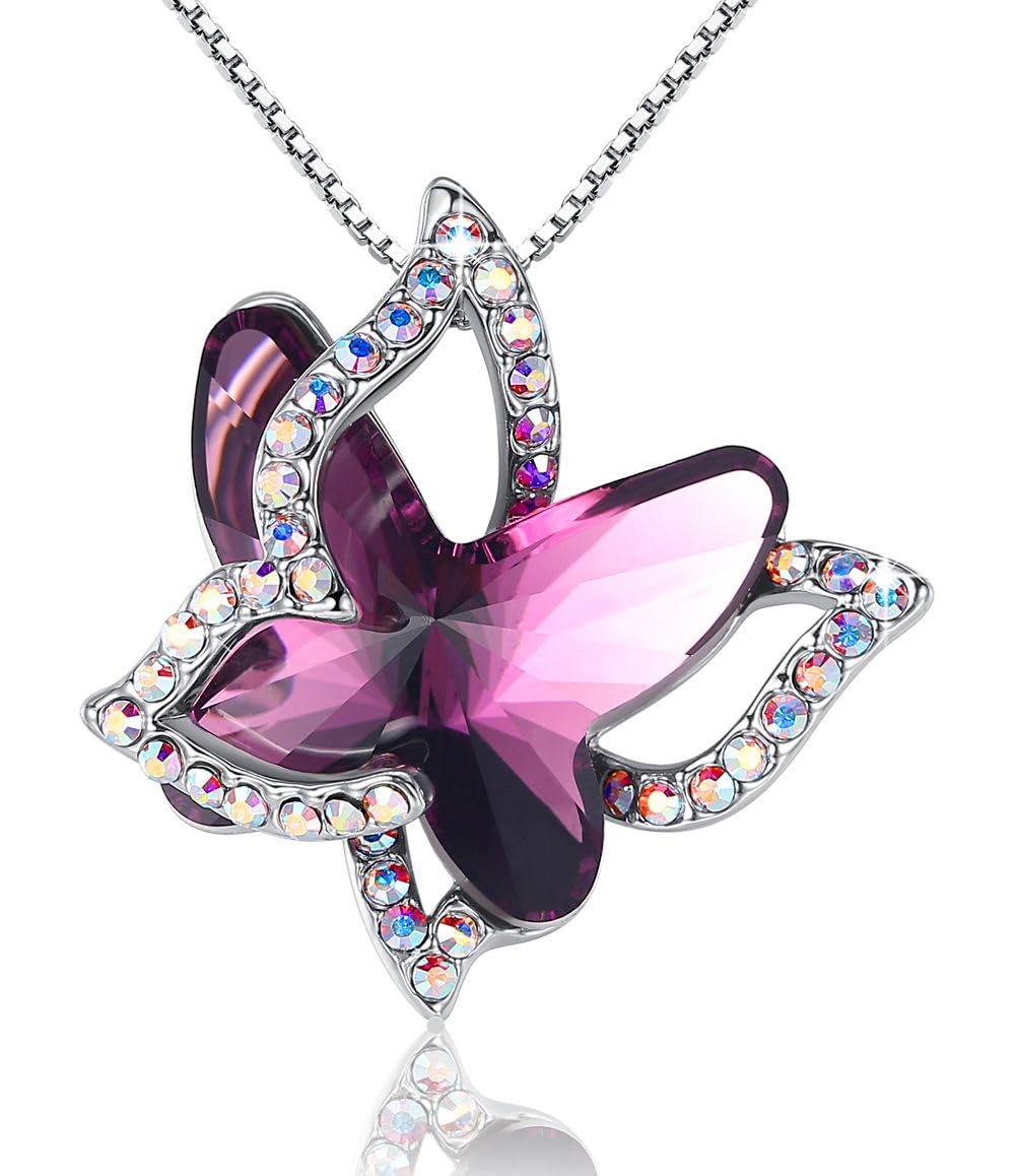 GEMMANCE Butterfly Necklace, Birthstone Crystal, for Women, Silver Tone Pendant Jewelry, Anniversary Birthday Gift for H