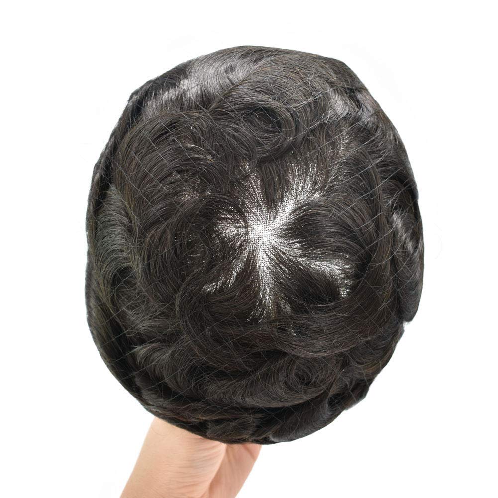 Curve Hair Mens Toupee Human Hair Piece Replacement System Monofilament Wig Hair Unit for Men Durable Poly Coated Mens Hairpiece (#2 Darkest Brown, 6"X9")