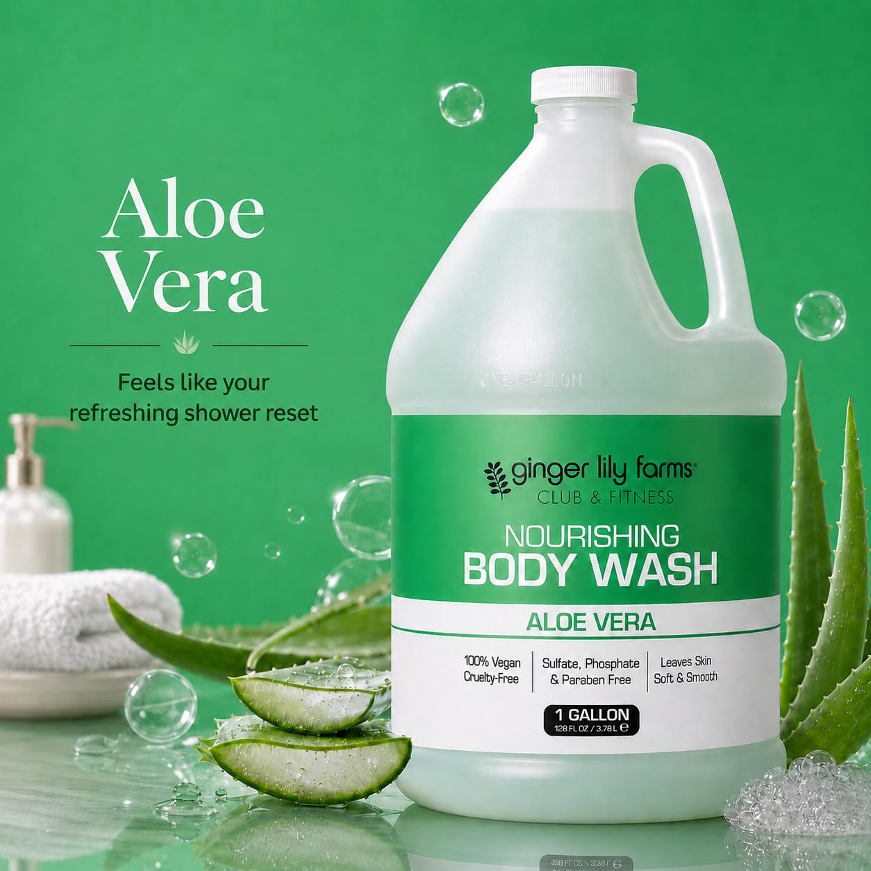 Ginger Lily Farms Aloe Vera Body Wash 4-pack with 128 fl oz, natural skin cleaning agent in clear bottles with aloe vera gel