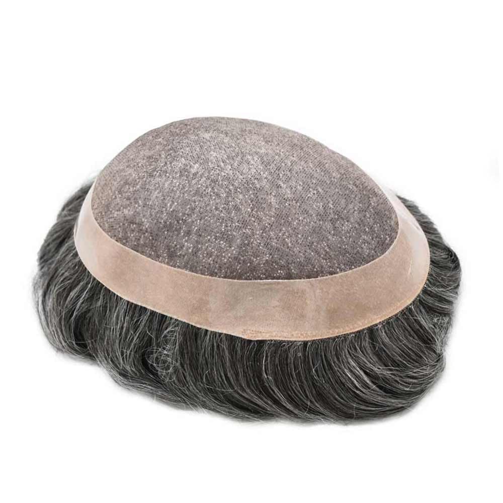 Curve Hair Mens Toupee Human Hair Piece Replacement System Monofilament Wig Hair Unit for Men Durable Poly Coated Mens Hairpiece (#1B50 Off Black+50% Gray, 7"X9")