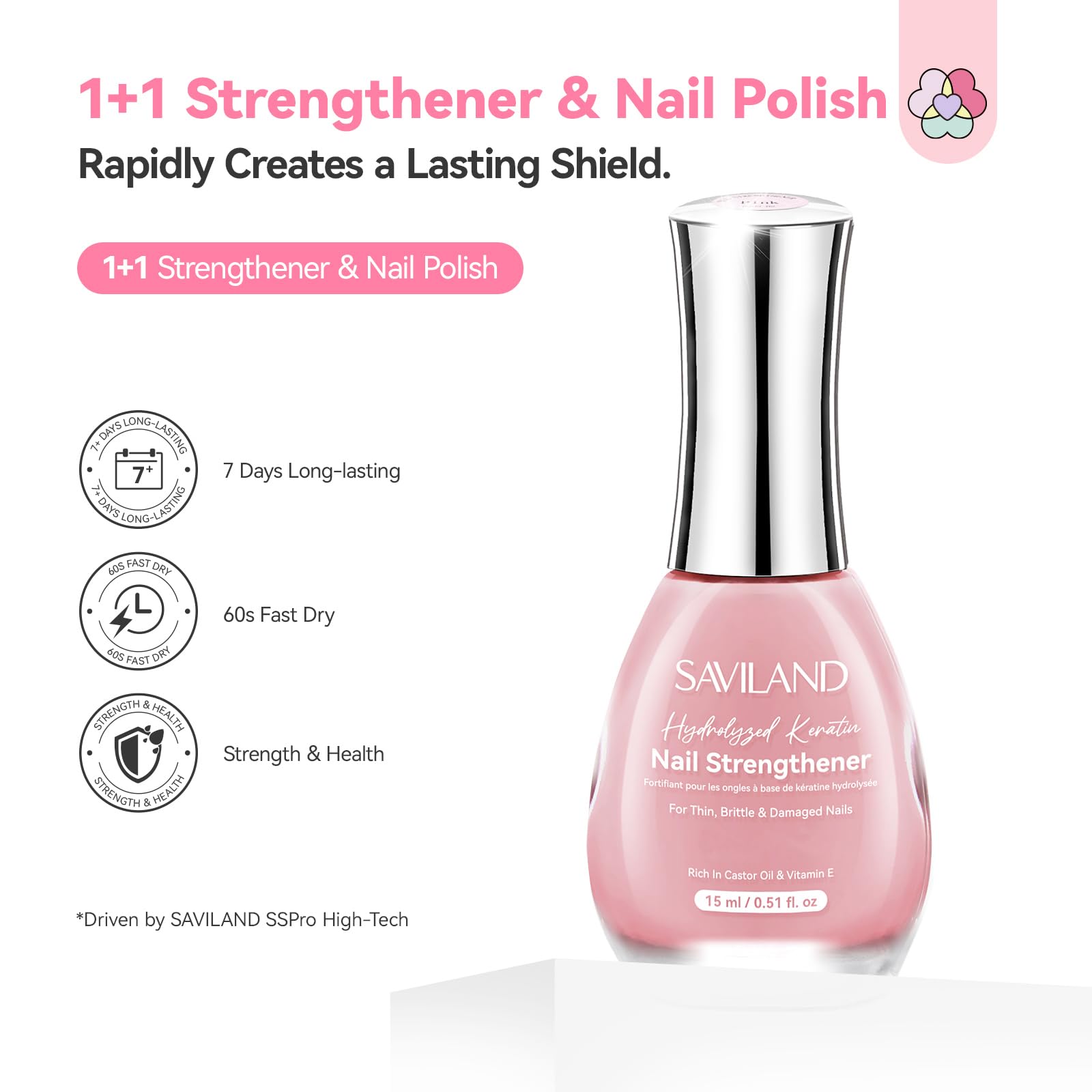SAVILAND Nail Strengthener and Growth for Weak & Thin Nails, Sheer Pink