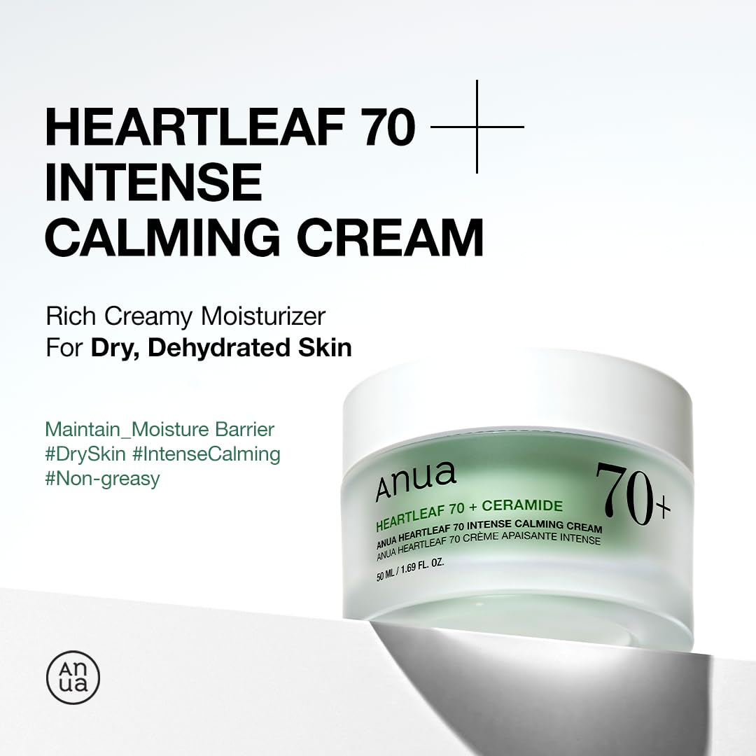 ANUA Heartleaf 70 Intense Calming Cream with ceramide in a 1.69 fl oz jar, skincare moisturizer for soothing and hydration