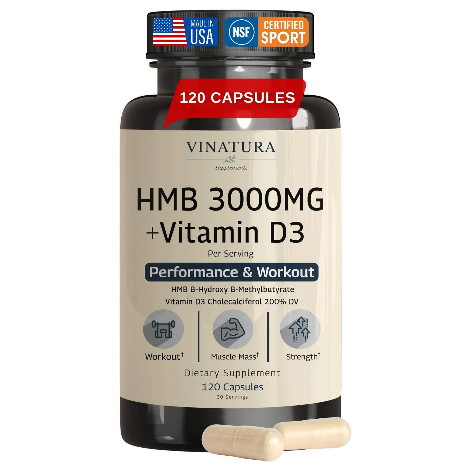 VINATURA HMB 3000mg + Vitamin D3 1600IU 120 Capsules