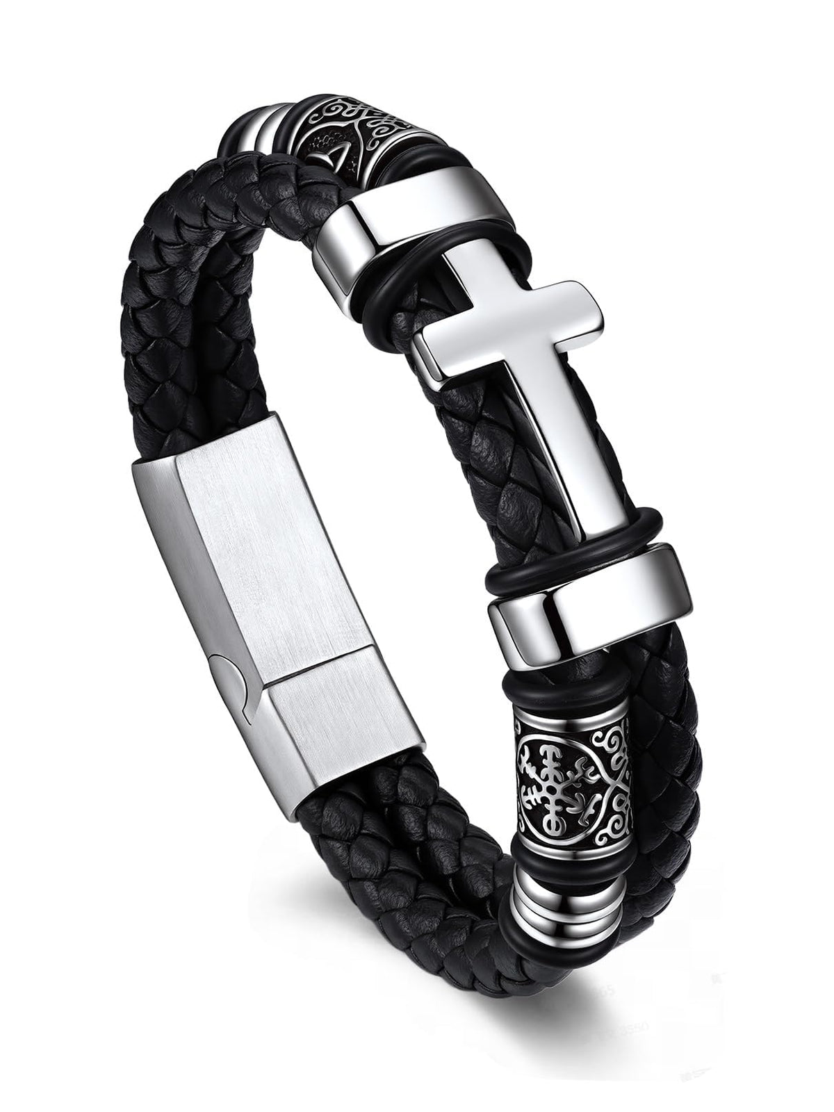 Bandmax Premium Timeless Men's Cross Braided Cord Cuff Bracelet, 7"/8"/9" – Celtic Bead-Silver Tone, Medium
