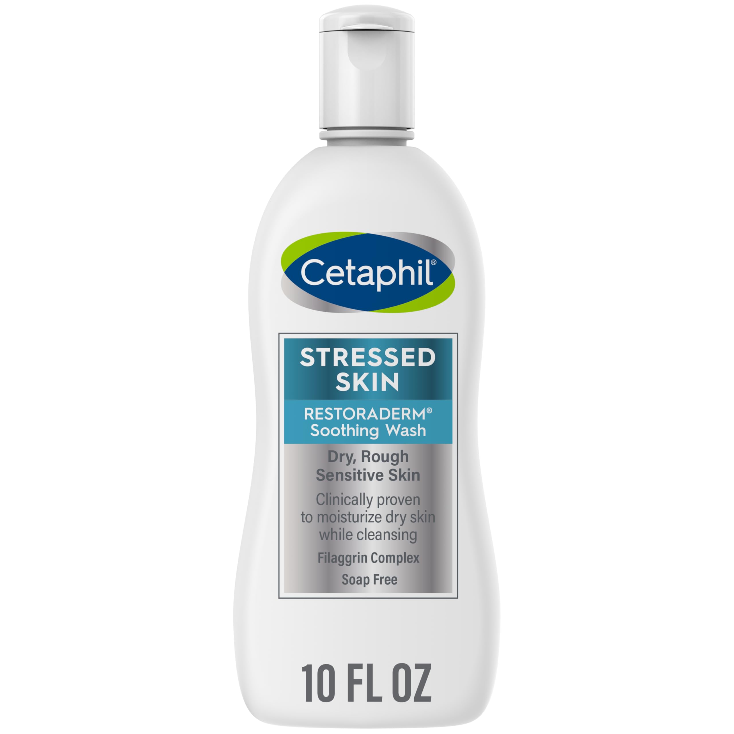 Cetaphil Restoraderm eczema body wash in a 10 fl oz bottle, soothing skin moisturizer for sensitive, irritated skin.