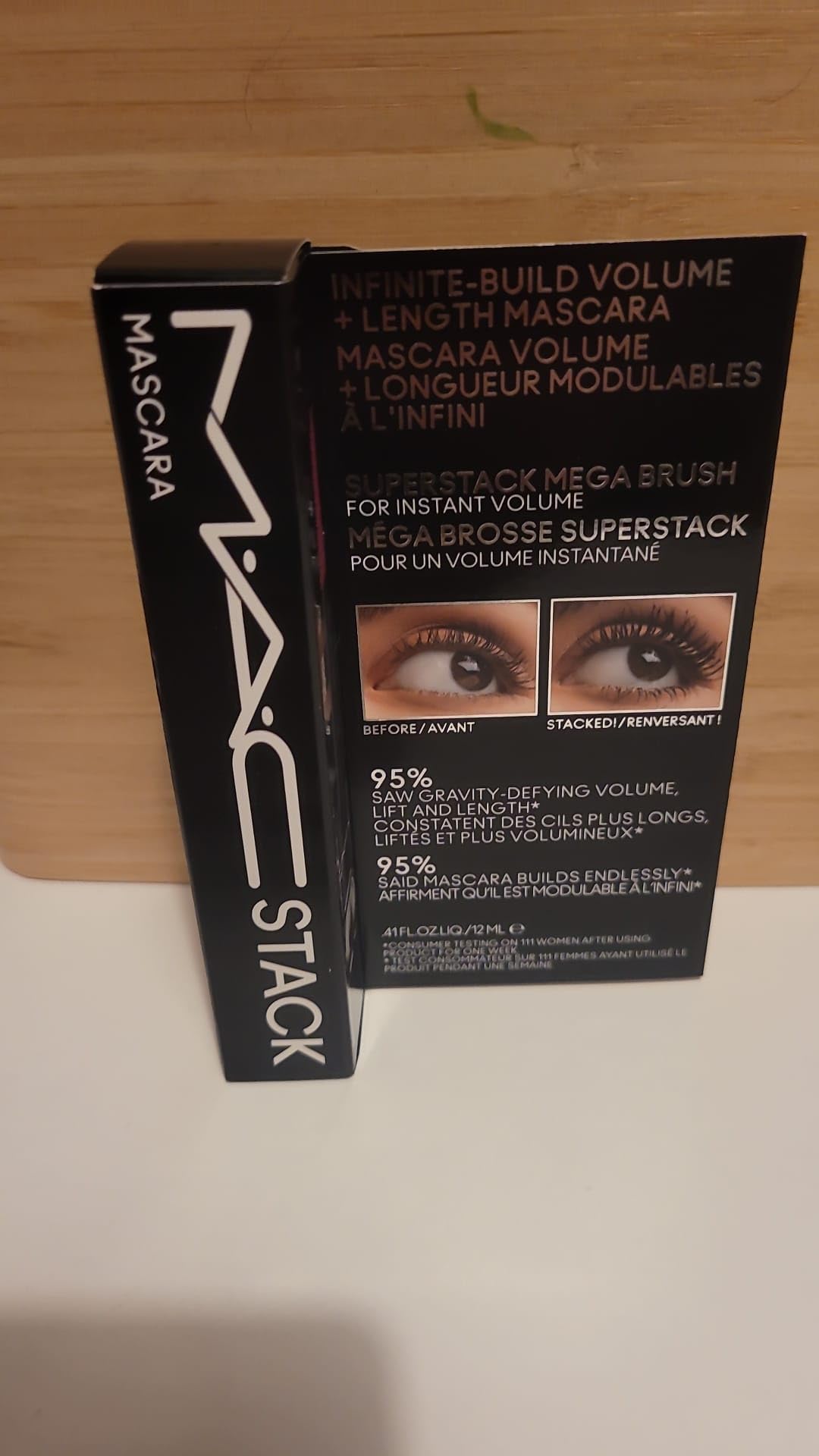 MAC MAC Stack Mascara with macro brush showing thick, volumizing lashes in a 0.41 oz tube.