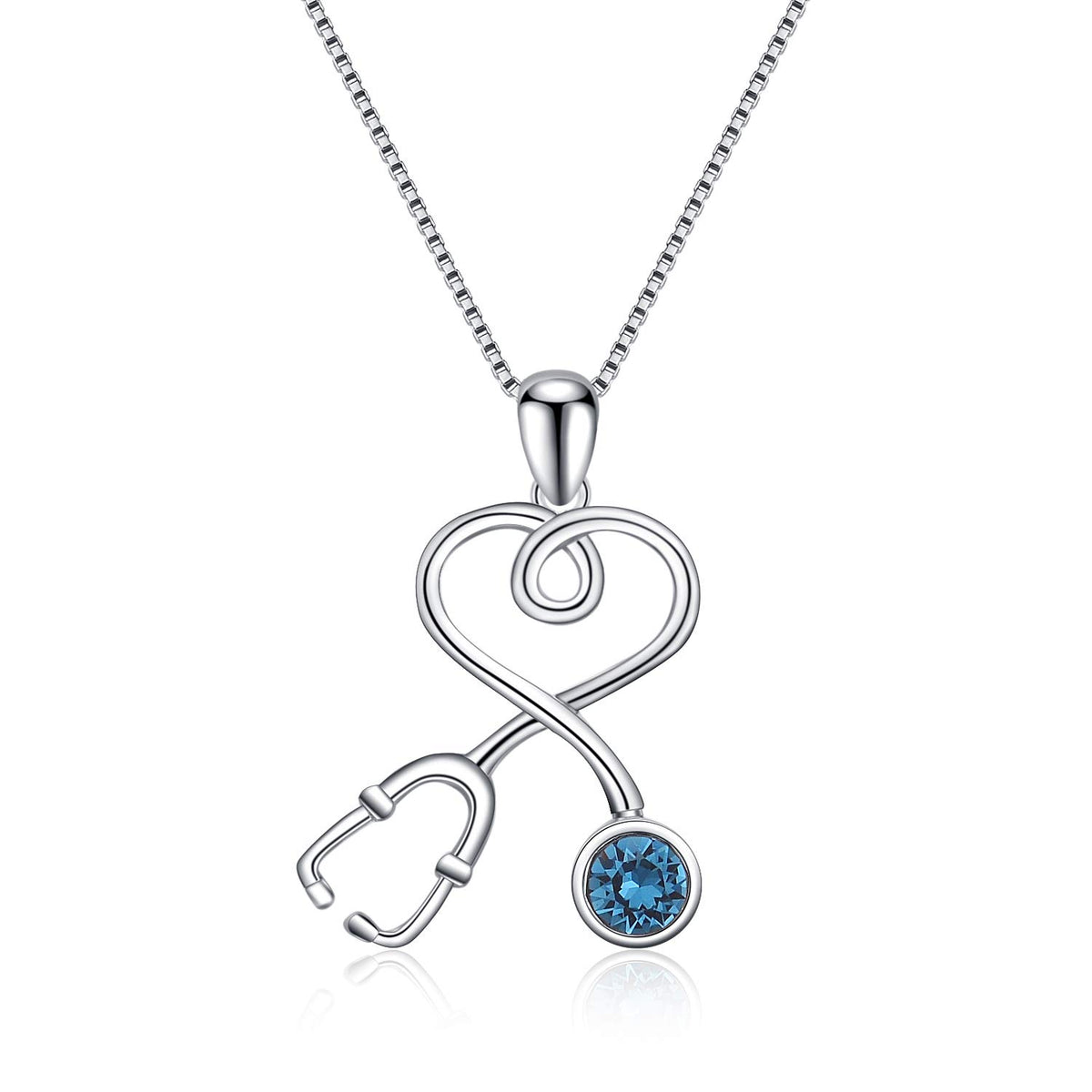 AOBOCO Stethoscope Necklace 925 Sterling Silver Embellished with 12 Months Birthstone Crystals from Austria, Graduation 
