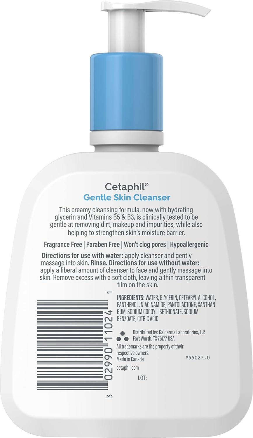 Cetaphil Gentle Cleanser hydrating face wash for sensitive skin in 4 fl oz bottles, shown in a set of three.