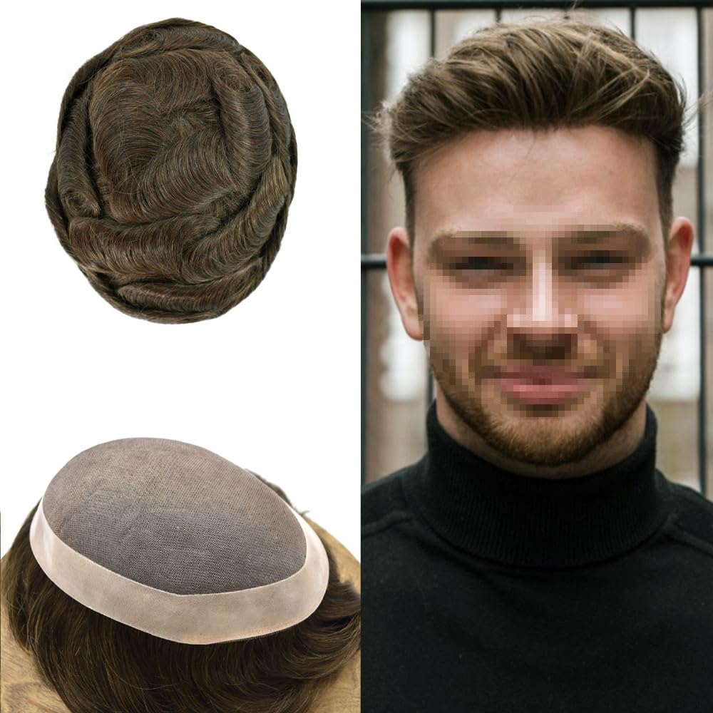 Curve Hair men's toupee wig with monofilament base in medium brown, 7x9 inches, featuring natural human hair for a realistic look.