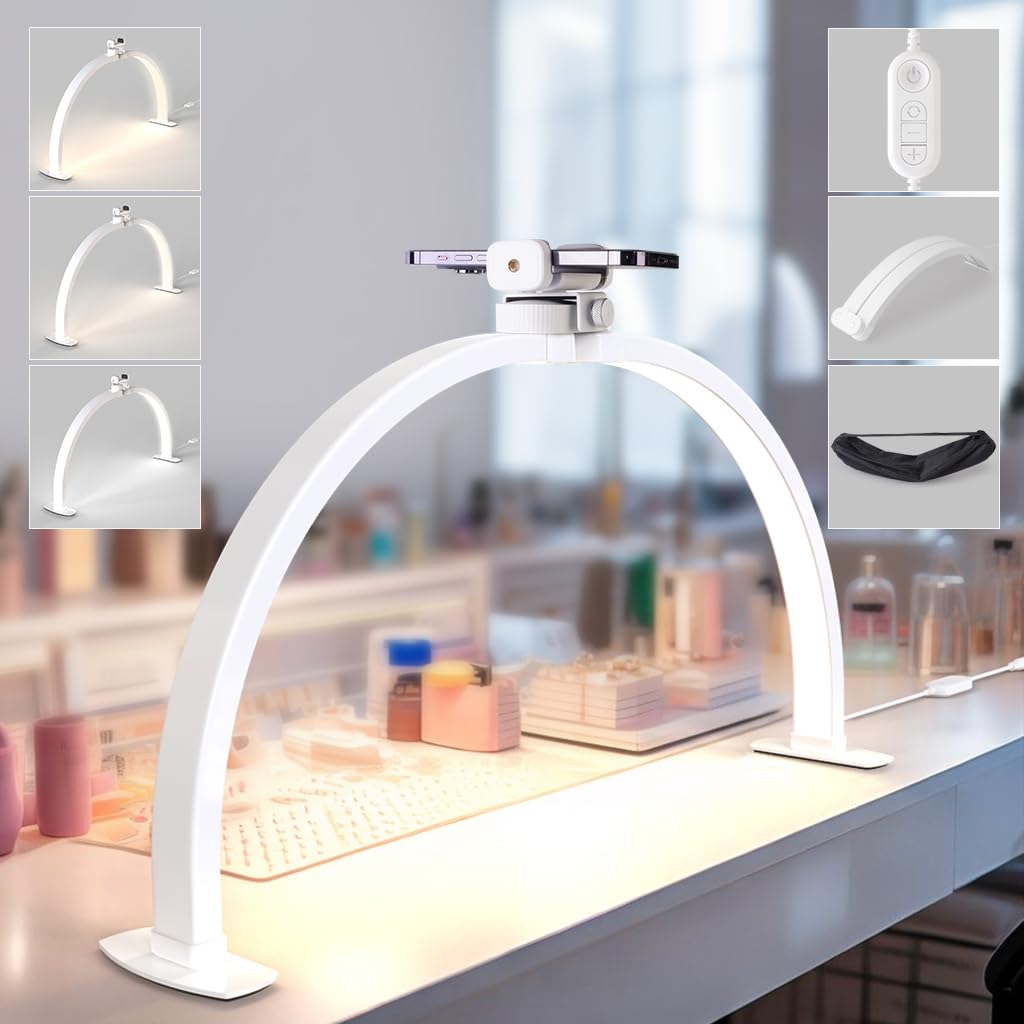 Lavinda Large Half Moon Light for Nail Desk, 29'' Nail Table Lamp with Phone Holder, 3000K-6000K Dimmable LED Desk Lamp 