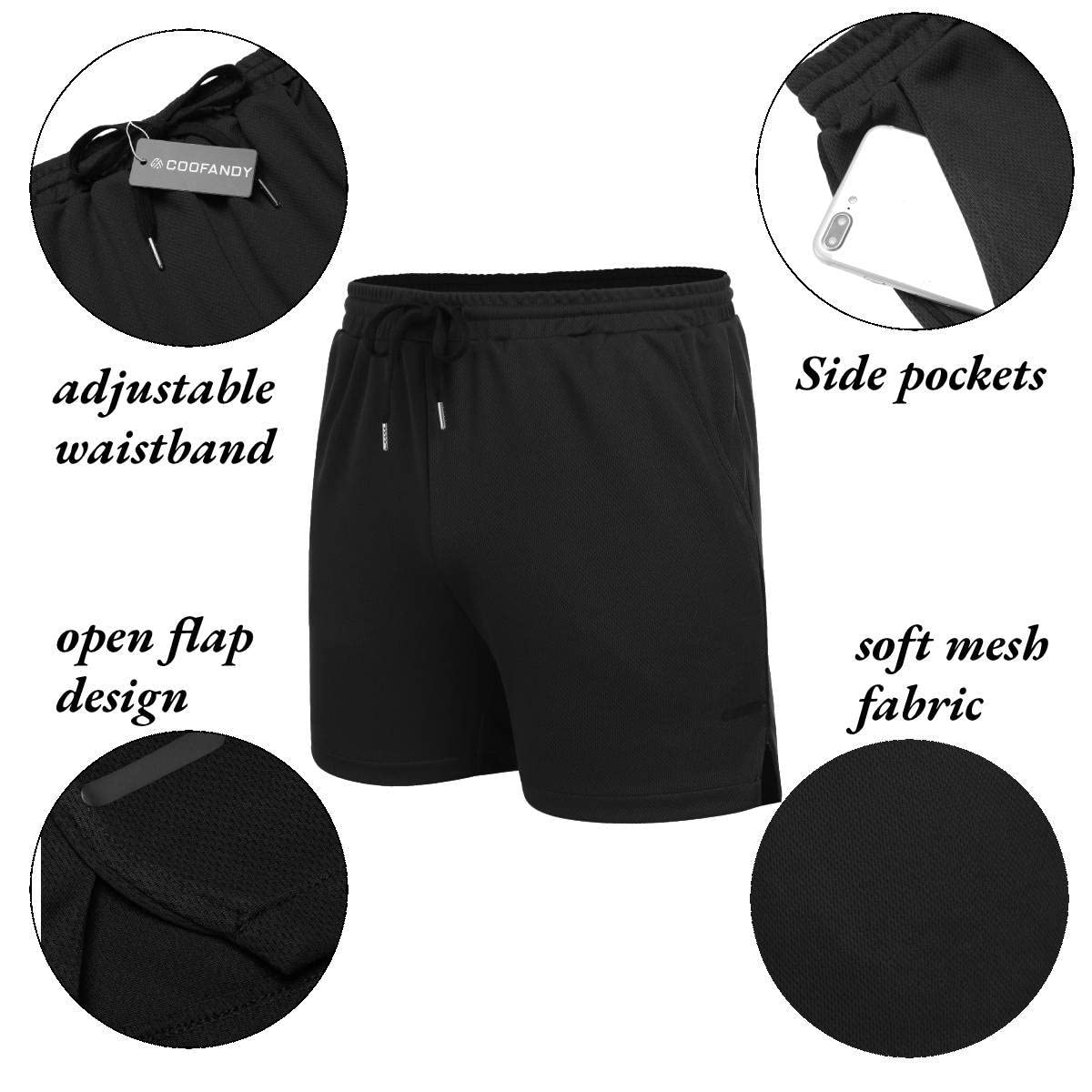 COOFANDY Men's 2 Pack Gym Workout Shorts Athletic 5 Inch Running Shorts – back view and specifications