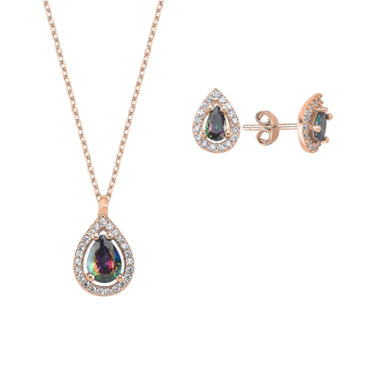 GARVIS Mystic Topaz Drop CZ Set; Necklace and Free Earrings: 925 Sterling Silver Chain and Studs: Fascinating Mystic Top