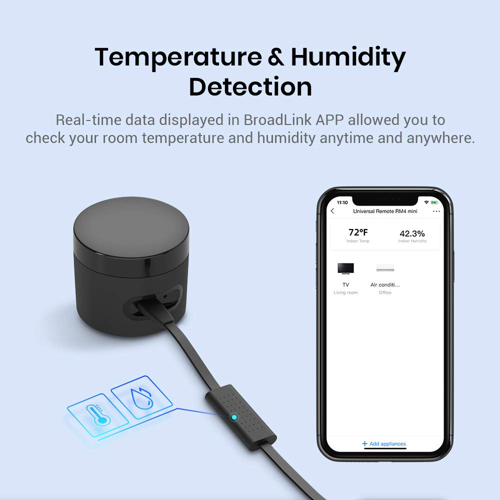 BroadLink RM4 Mini S 2.4G Wi-Fi IR Hub Temp Humidity Sensor USB Cable – close-up detail in Black