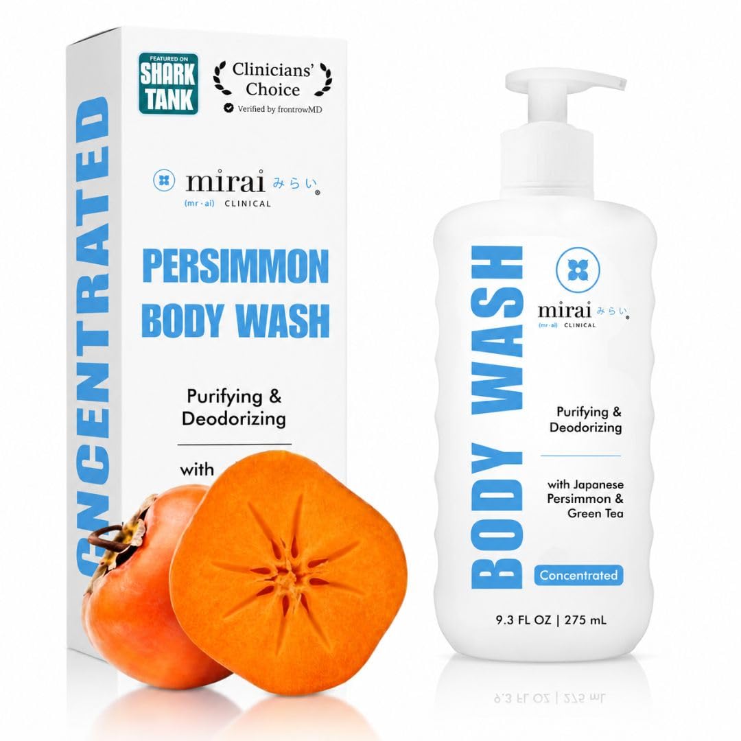 Mirai Clinical Persimmon Body Wash, a skin-cleaning agent for odor control, featuring a clear bottle with Persimmon extract.