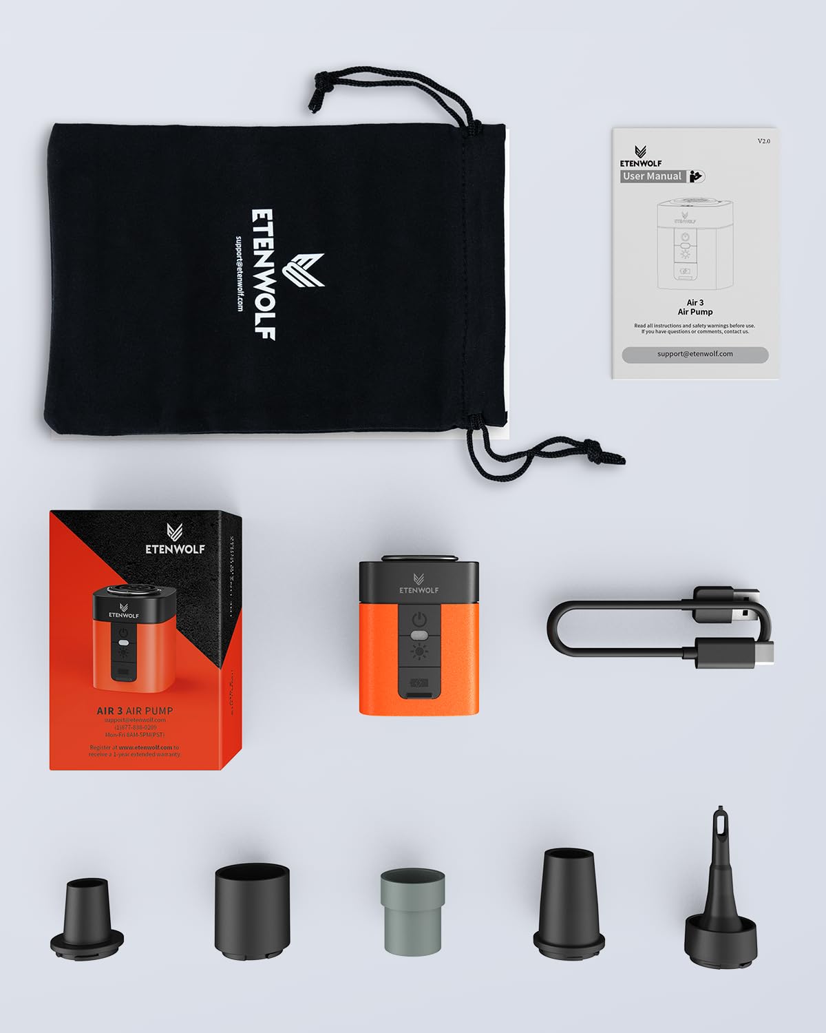 ETENWOLF AIR 3 Air Pump for Inflatables with 2600mAh Battery& Camping Light – back view and specifications