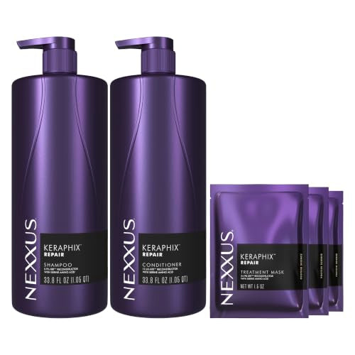 Nexxus Keraphix Shampoo and Conditioner - Damaged Hair Treatment System with Keratin Protein and Black Rice, 2 Count & 3