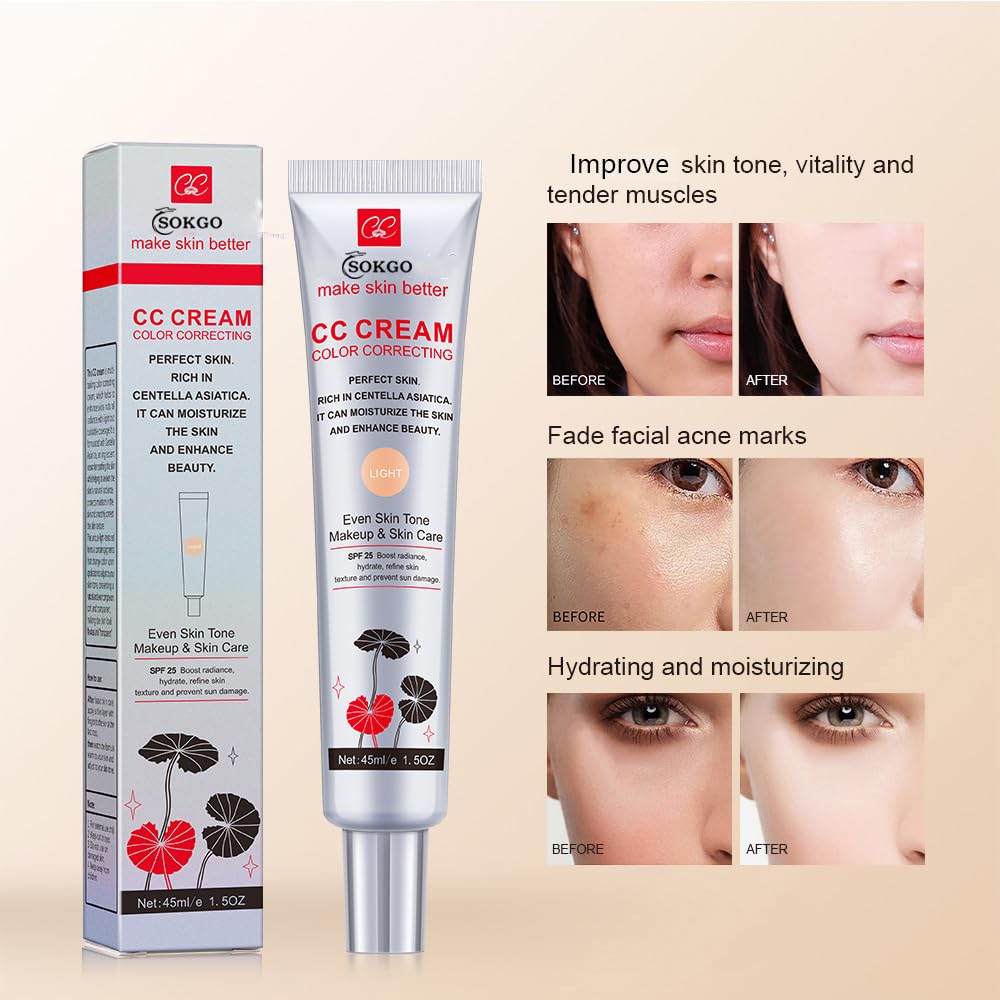 Fovcos Color Correcting CC Cream with SPF 25, Coverage Lightweight Foundation, Hydrating Serum, Even Skin Tone Makeup an