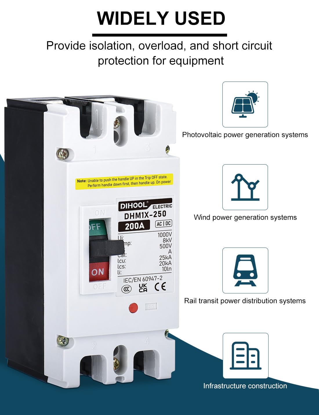 DIHOOL DC 200 Amp Breaker, 500V Battery Disconnect Switch for Main Power Station, UPS,Solar – back view and specificatio