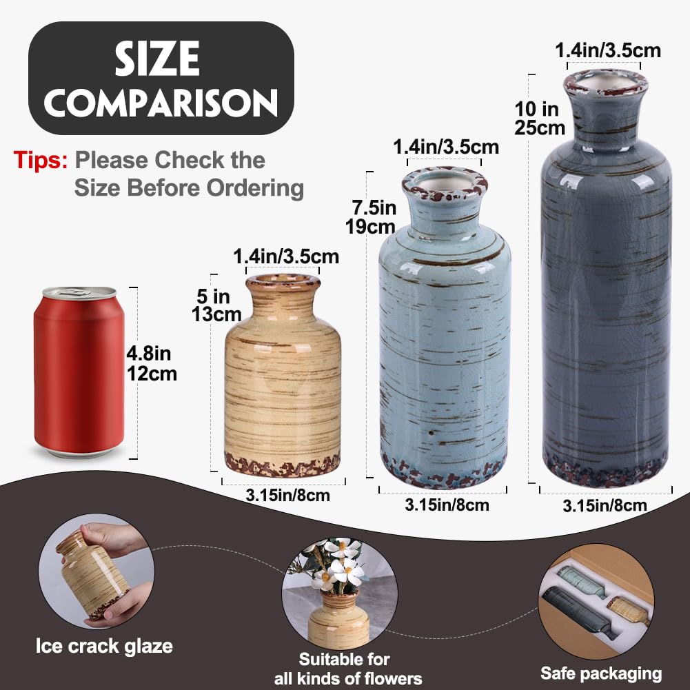 QIANLING Ceramic Vase Set - 3 Small Flower Vases Home Decor, Modern Rustic Farmhouse Pottery Vases for Centerpieces, Liv