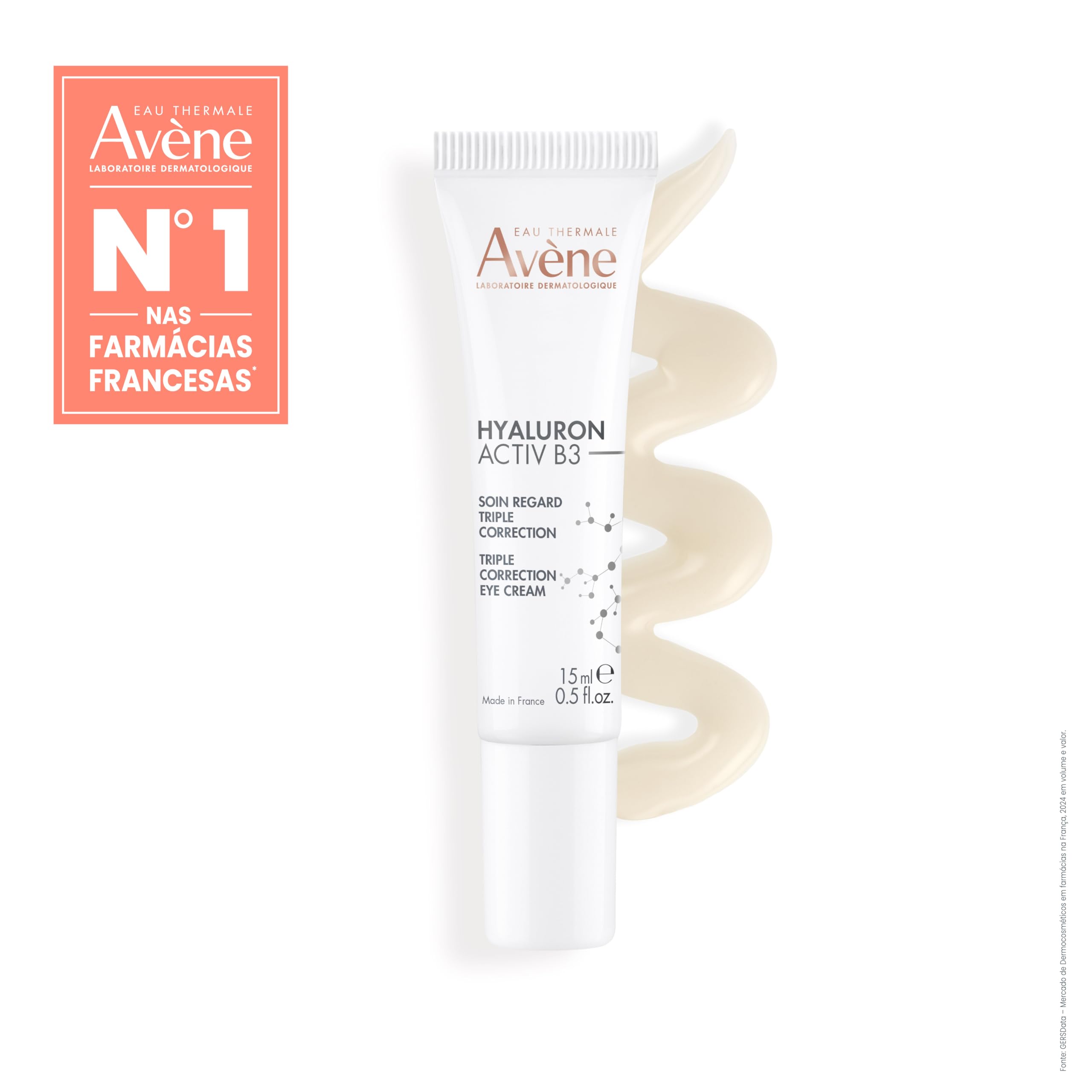 Avène Hyaluron Activ B3 eye cream in a 1 fl oz jar, featuring a smooth, moisturizing texture for delicate skin around the eyes.