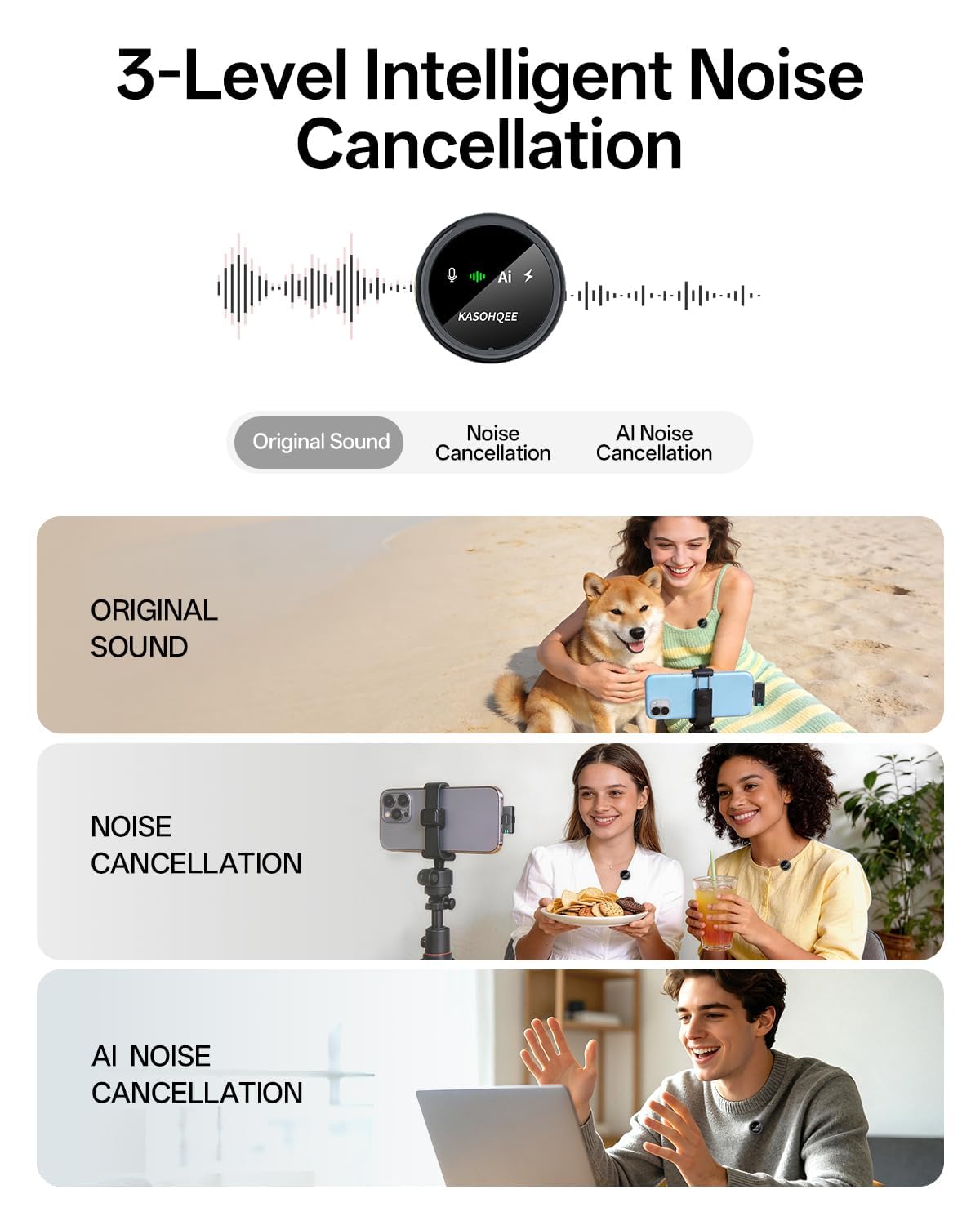 KASOHQEE Wireless Lavalier Microphone for iPhone 17/16/15/14, iPad & Android – packaging and label