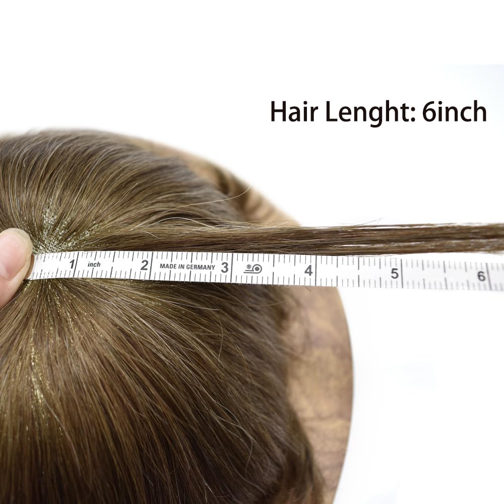 Curve Hair Mens Toupee Human Hair Piece Replacement System Monofilament Wig Hair Unit for Men Durable Poly Coated Mens Hairpiece (#520 Light-Med Brown+20% Gray, 8"X10")