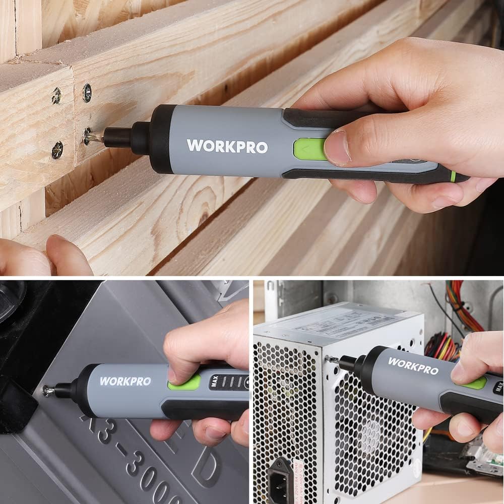 WORKPRO 4V Electric Screwdriver, Rechargeable Cordless Screwdriver Set with 35 Bits, Extension Rod, USB Charging Cable i