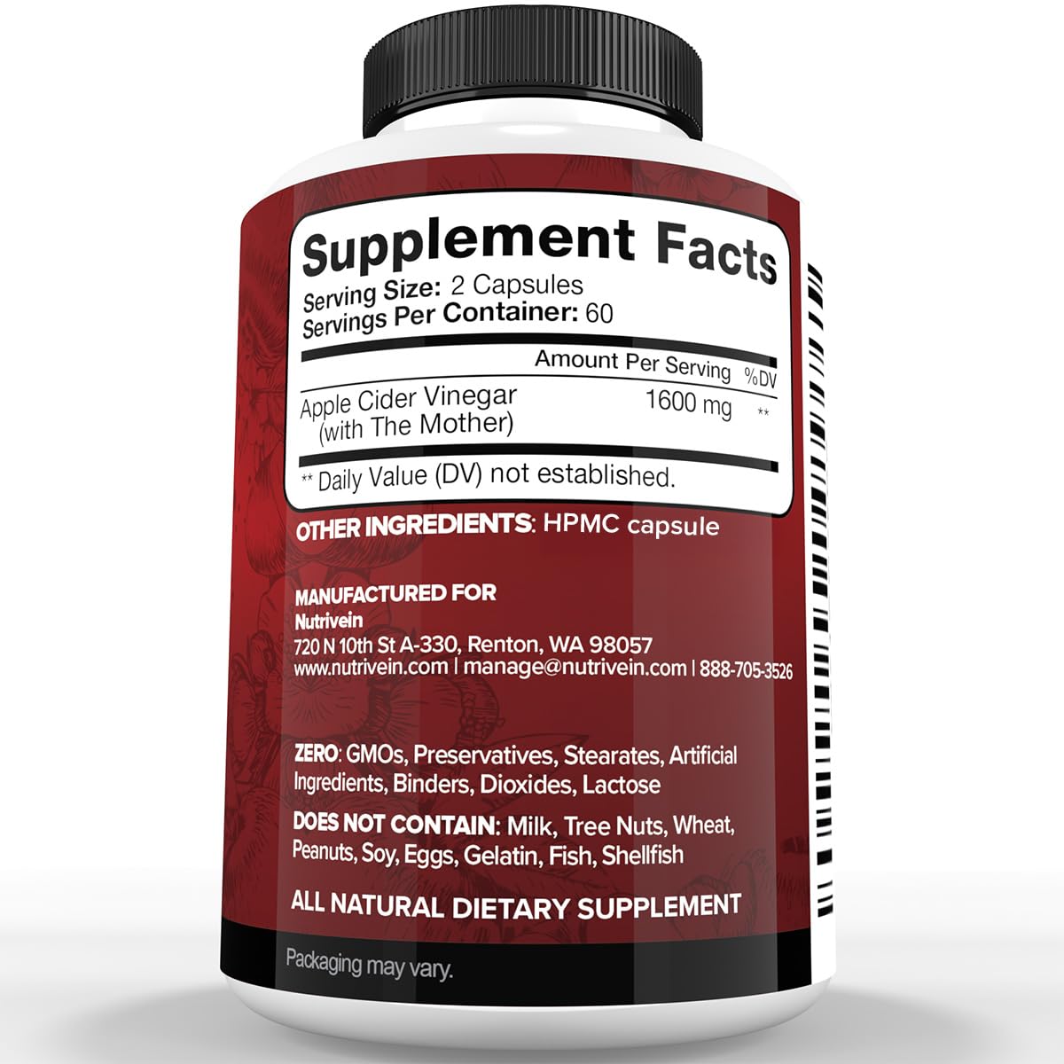 Nutrivein Apple Cider Vinegar Supplement with Mother 1600 mg - 120 Capsules