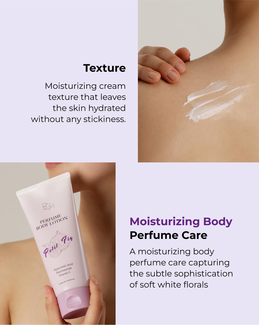BOM Petit Fig Perfume Body Lotion 6.76 Fl Oz, Fig Scented Body Cream with Hyaluronic Acid, Niacinamide & Vitamin C, Long