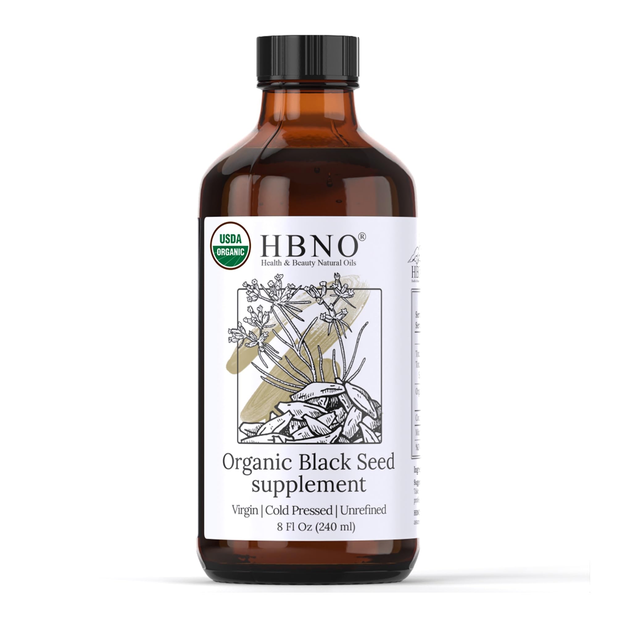 HBNO Organic Black Seed Oil - Huge 8oz (240ml) Glass Bottle Value Size - USDA Certified Organic Black Seed Oil, Cold Pressed for Face, Body, Lips, Shampoo & Conditioner