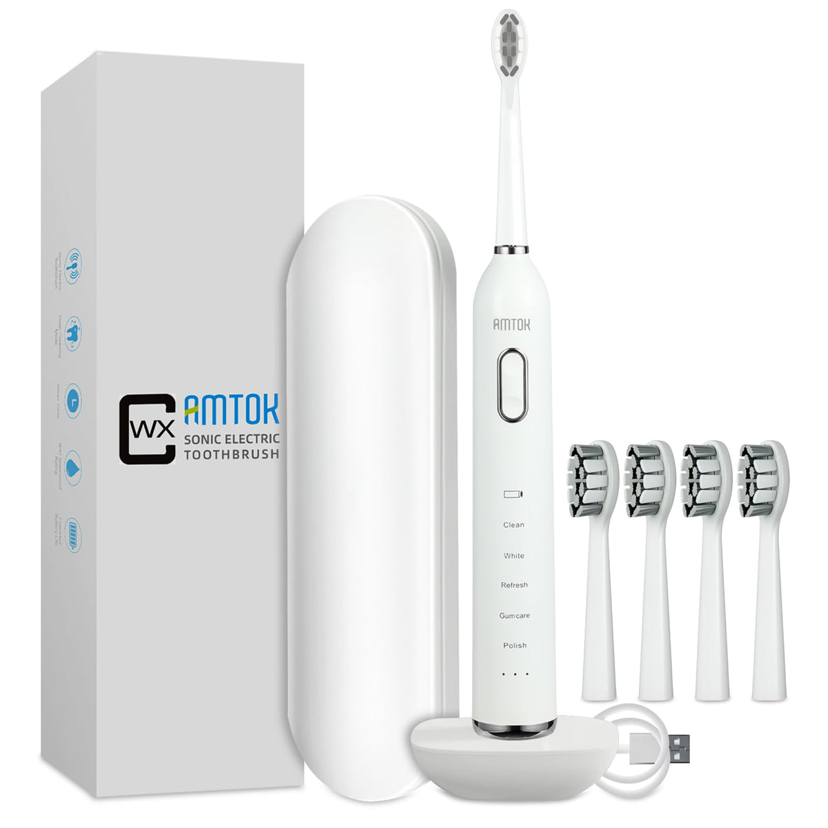 CWX Sonic Rechargeable Electric Toothbrush, Cordless with Fast Wireless Charging, 5 Cleaning Modes & 3 Intensity, 60-Day