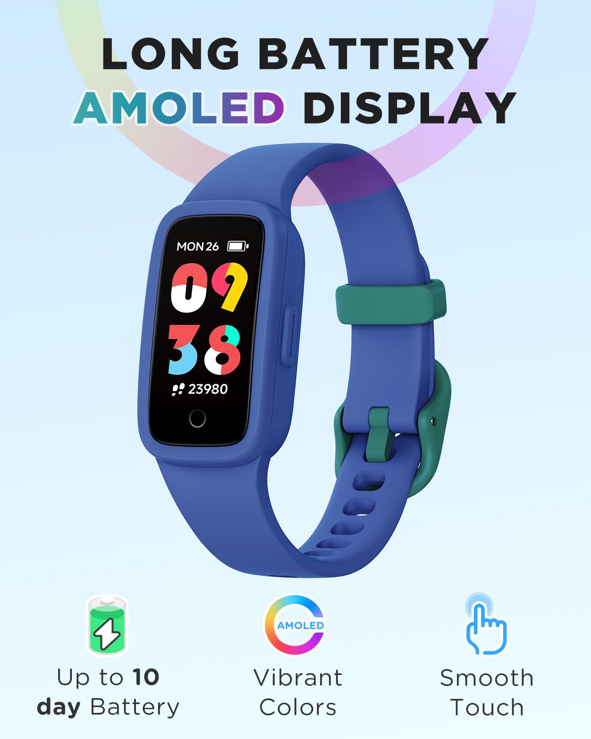 BIGGERFIVE Vigor Kids Fitness Tracker Watch AMOLED Screen, 3ATM Waterproof – Blue, 0.95 inches