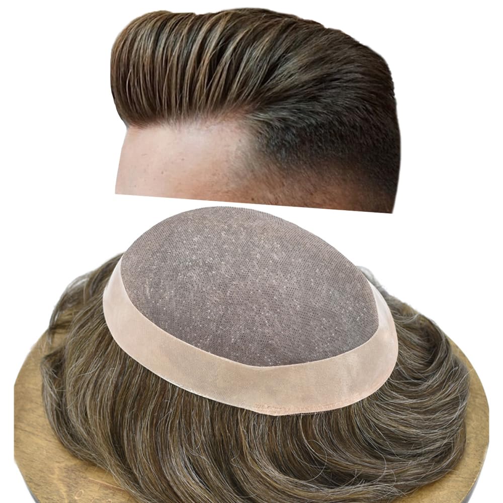 Curve Hair men's toupee wig in light-medium brown with gray, 7x10 inches, monofilament hair replacement system with durable poly coating.