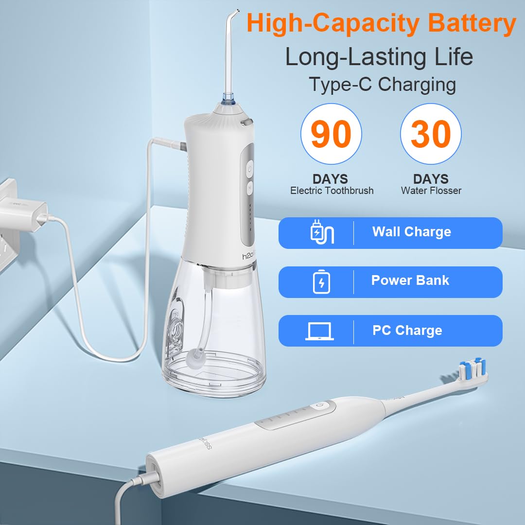 H2ofloss Electric Toothbrush and Water Flosser Combo, 2-in-1 Oral Kit – White, Plastic