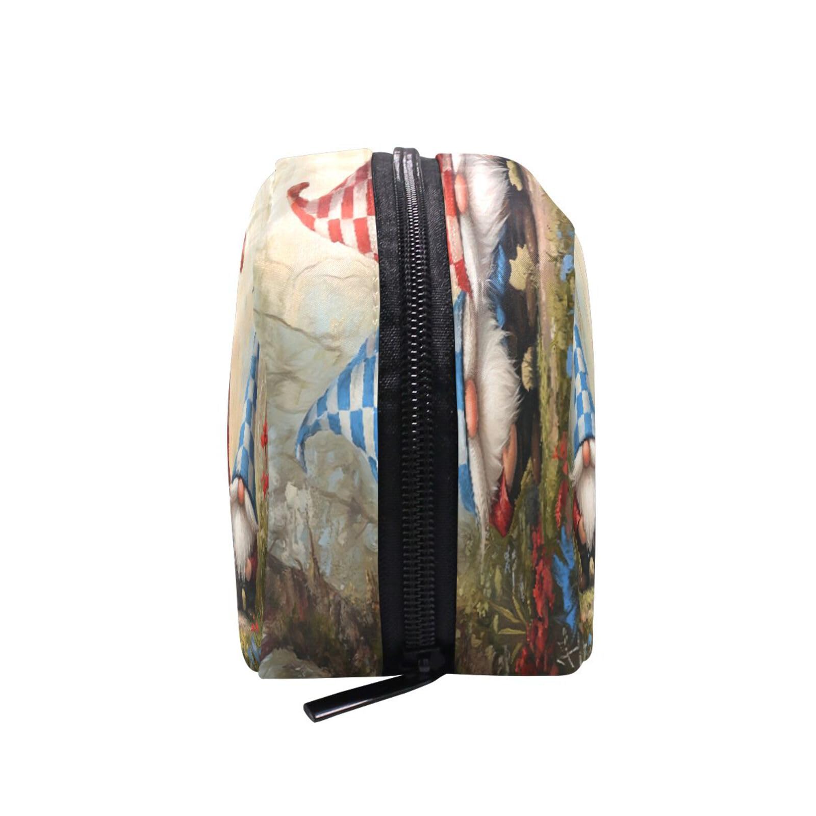 JUZIHAI spring forest gnome makeup bag with five compartments, portable cosmetic organizer pouch for women’s travel and purse use.